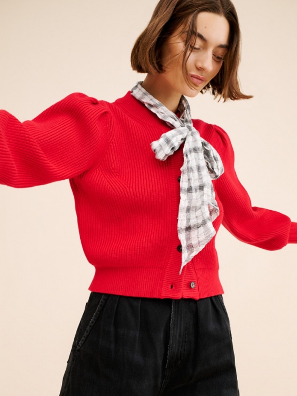 Dolan Bright Red Puff-Sleeve Ribbed Sweater
